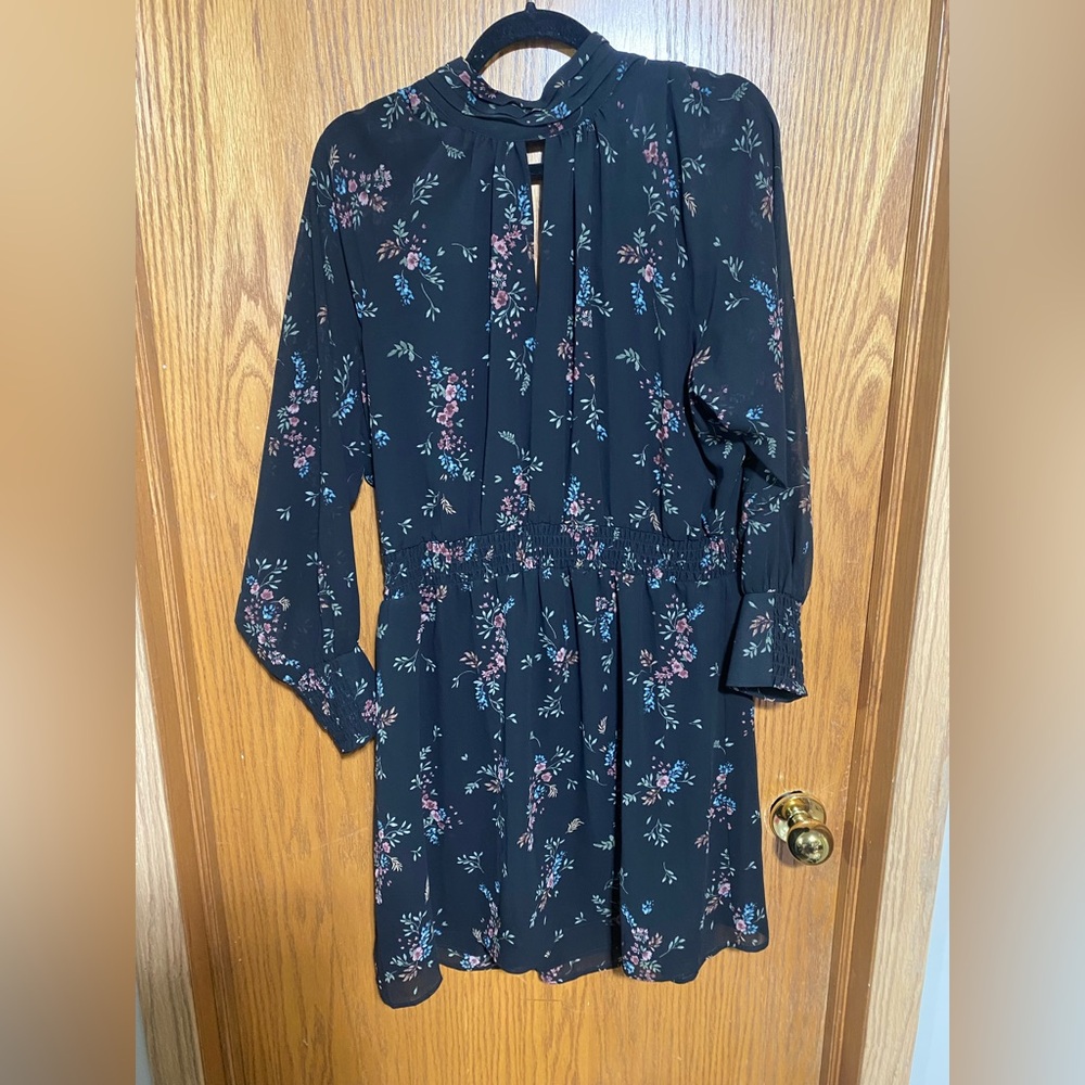 Floral high neck Long Sleeve Dress - Black with Pink & Blue Floral
